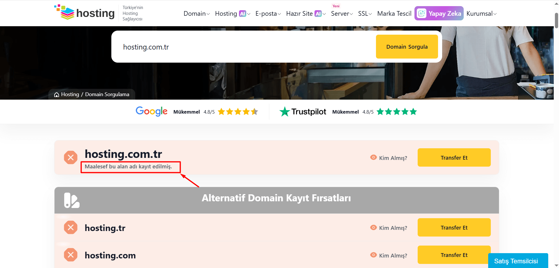 Ancak sorguladığınız domain için "Maalesef bu alan adı kayıt edilmiş" ifadesini görüyorsanız, bu isim daha önce alınmıştır. Bu durumda yeni bir domain veya yeni bir uzantı ile arama yapmanız ve satın almanız gerekir.