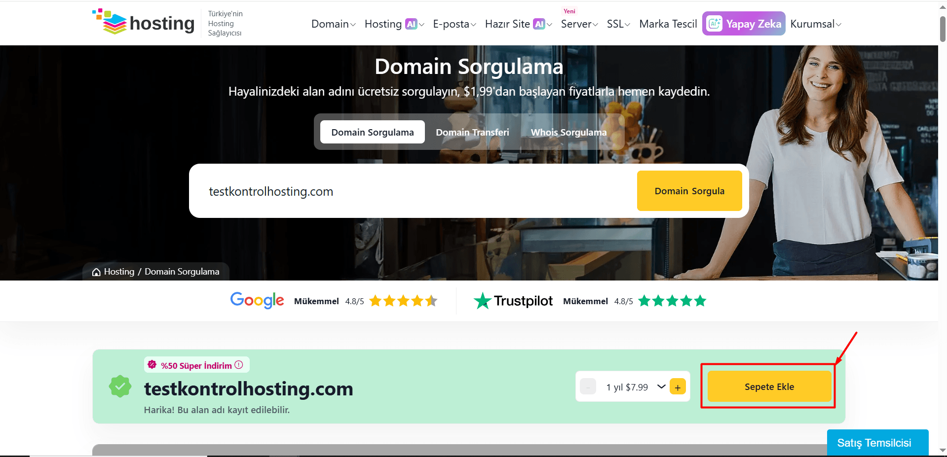 Almak istediğiniz domain boşta ise yani müsait durumda ise "Sepete Ekle > Sepete Git" adımlarını takip ederek satın alma işlemine geçebilirsiniz.