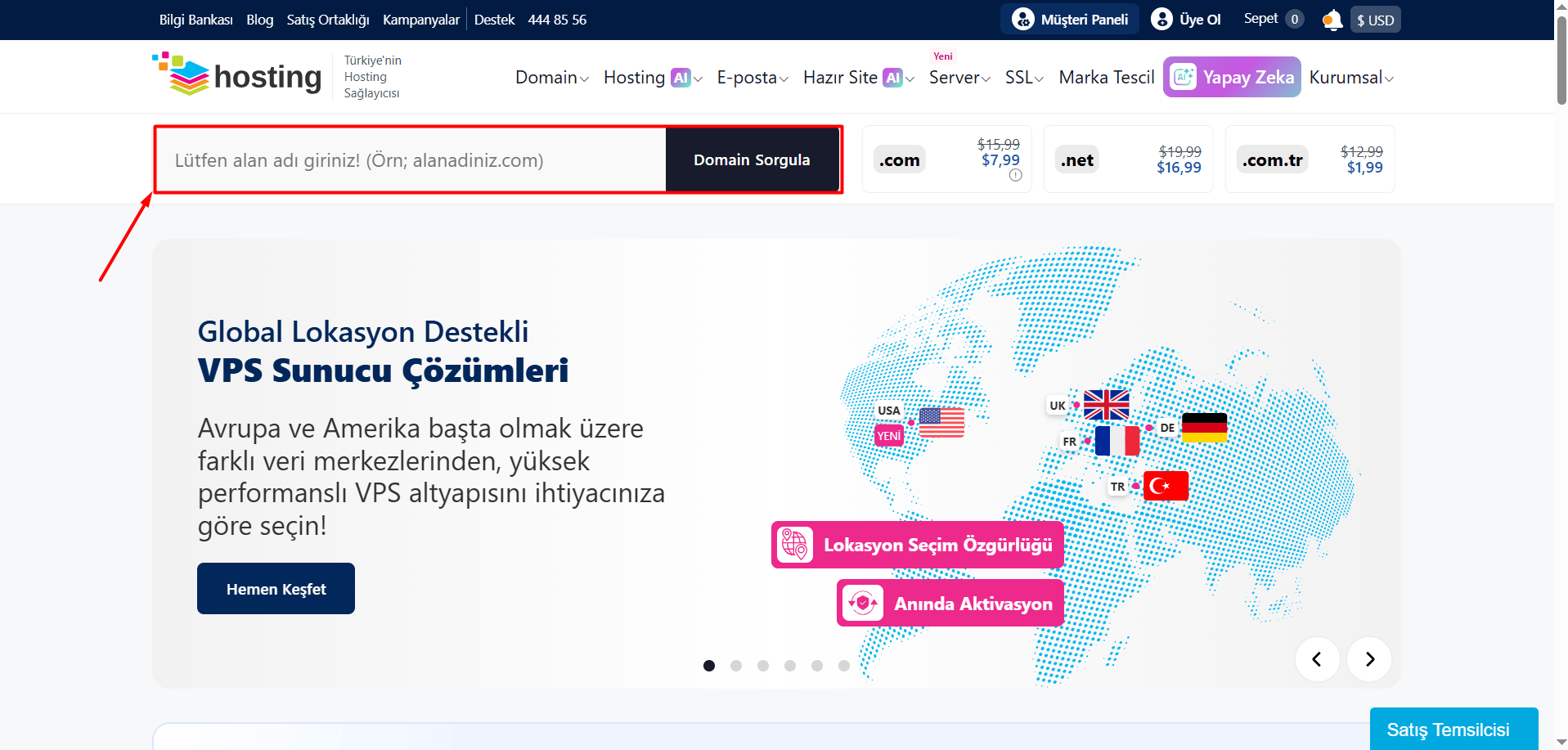 "Lütfen alan adı giriniz!" yazan sorgulama kutucuğuna satın almak istediğiniz domaini yazın ve "Domain Sorgula" butonuna tıklayın