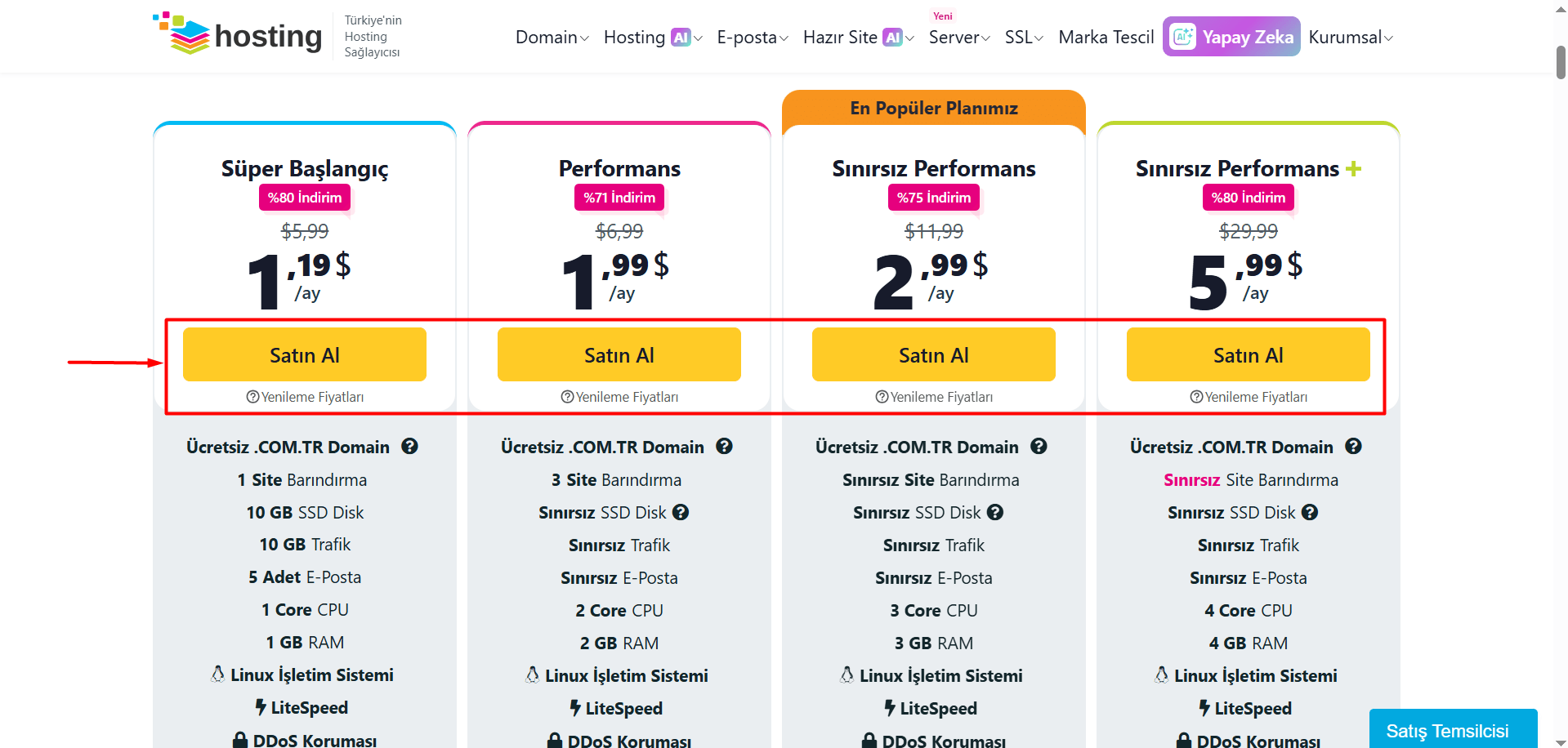 Tercih ettiğiniz hosting hizmetinin "Satın Al" butonuna tıklayın.