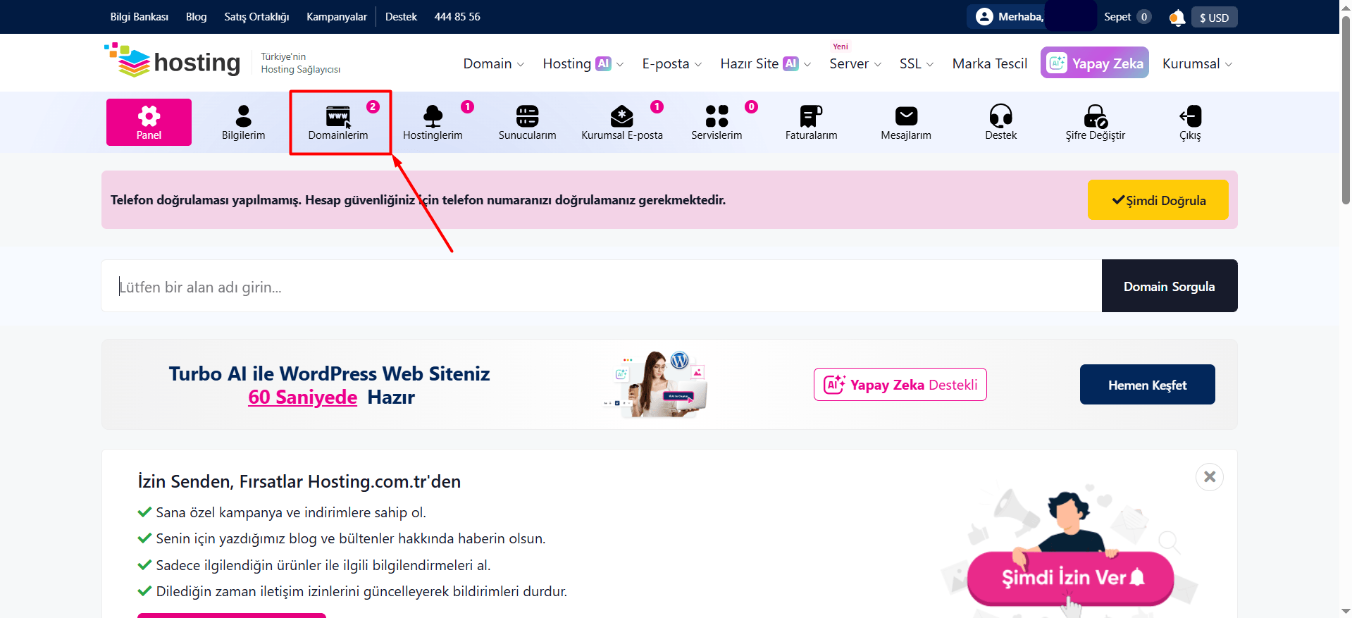 Giriş yaptıktan sonra üst menüde bulunan "Domainlerim" butonuna tıklayın.