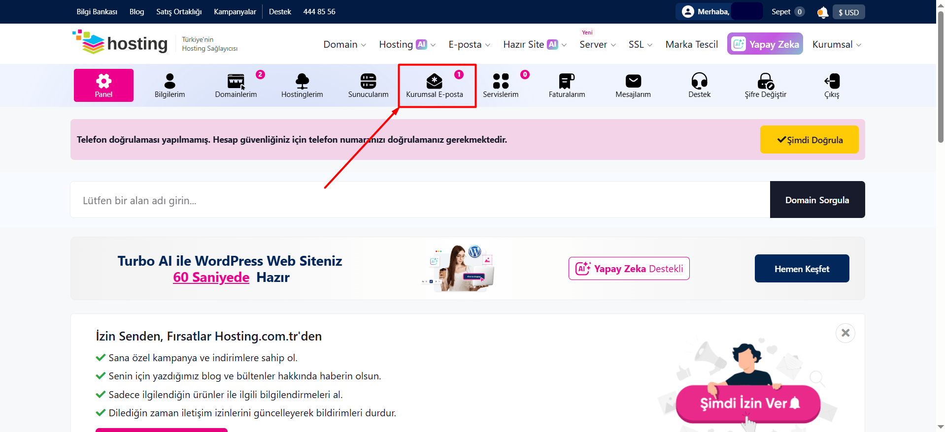 Giriş yaptıktan sonra üst menüde bulunan "Kurumsal E-posta" butonuna tıklayın.