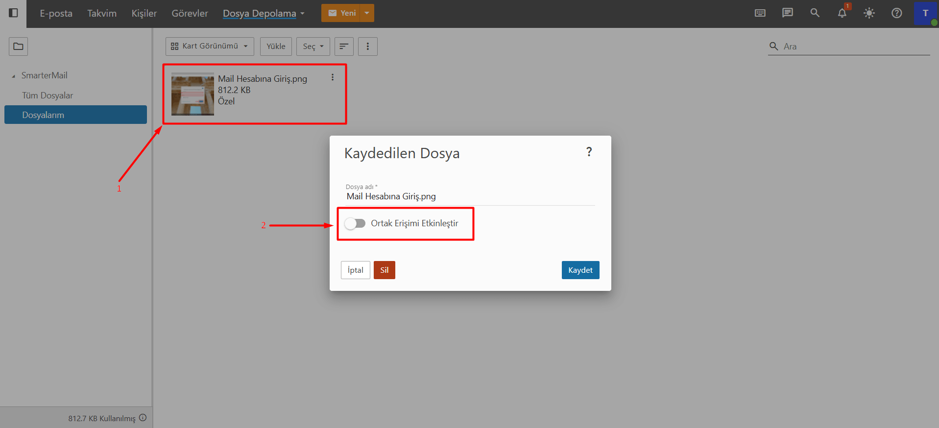 Yüklenen dosyayı paylaşmak için üzerine tıklayın ve açılan pencereden "Ortak Erişimi Etkinleştir" butonuna tıklayın.