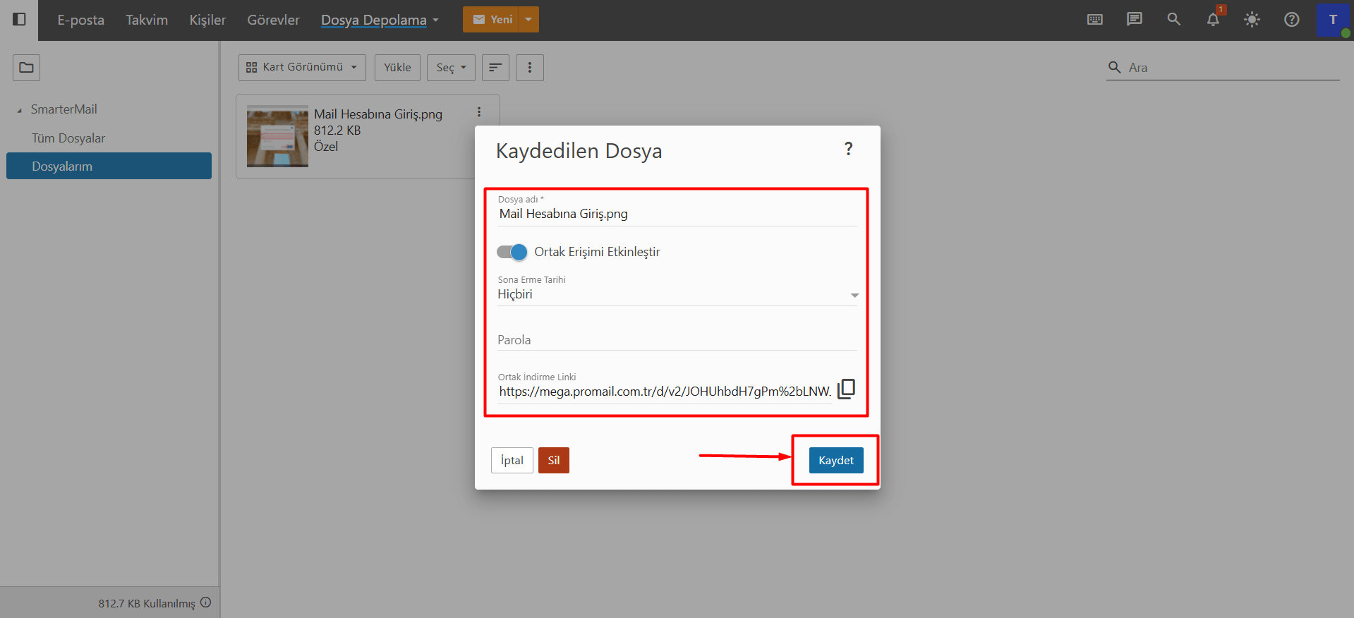Ortak erişim ayarlarında aşağıdaki düzenlemeleri yapabilirsiniz ve dosya paylaşımını onaylamak için "Kaydet" butonuna tıklayabilirsiniz.