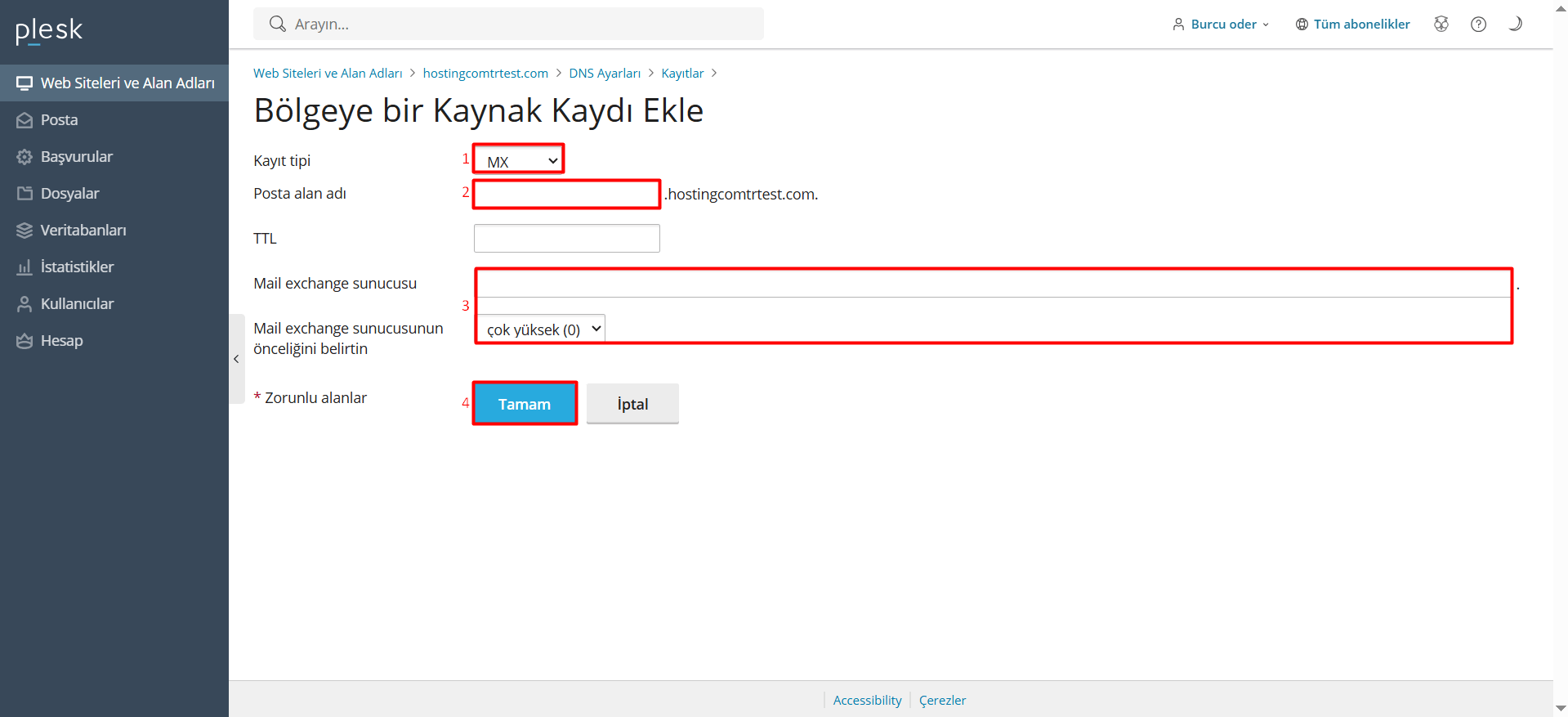 Öncelikle "Kayıt tipi" listesinden eklemek istediğiniz kayıt türünü seçin. (MX, CNAME, TXT gibi.) Ardından "Alan adı" ve "Değer (IP/Sunucu/Kural gibi)" kutucuklarını doldurun. Yazdığınız kaydın eklenmesi için "Tamam" butonuna tıklayın.