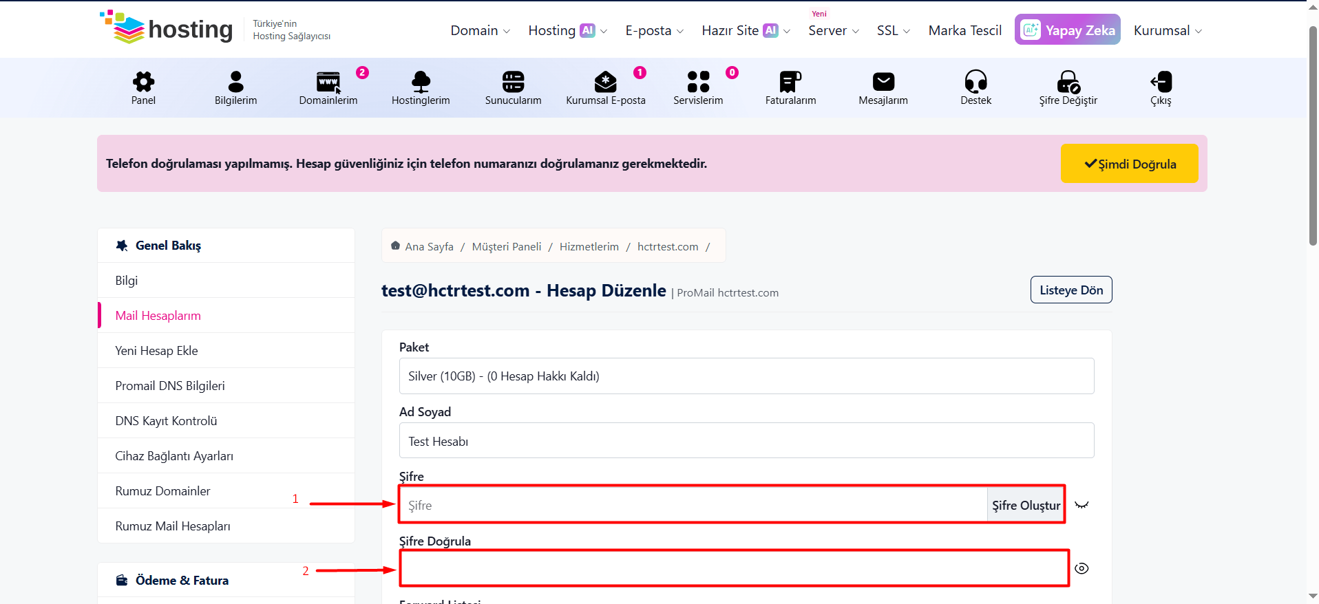 E-posta düzenleme sayfasına ulaştığınız zaman "Şifre" kutucuğuna yeni şifrenizi yazın.