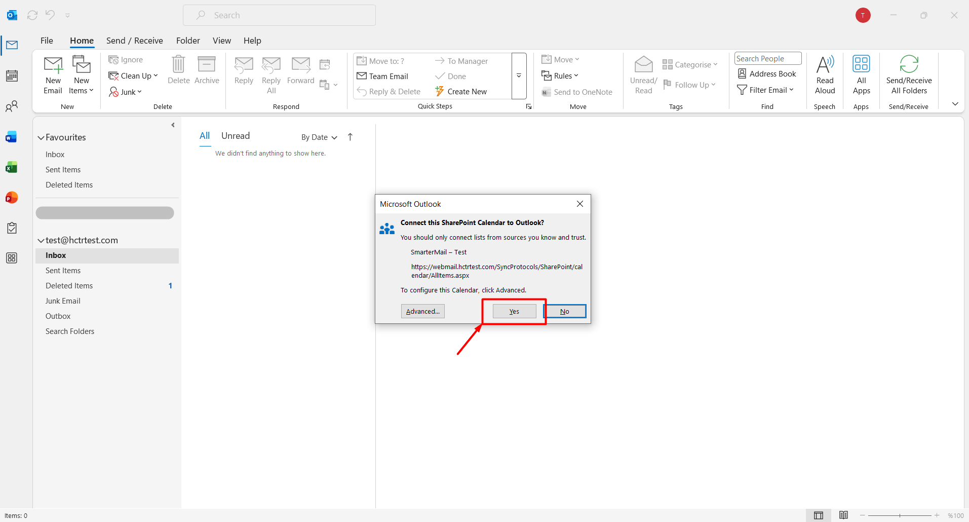 Outlook tarafından bir kaynağın eklenmek istendiğini belirten güvenlik uyarısı görüntülenebilir. Bu durumda "Evet (Yes)" butonuna tıklayarak işlemi onaylayın.