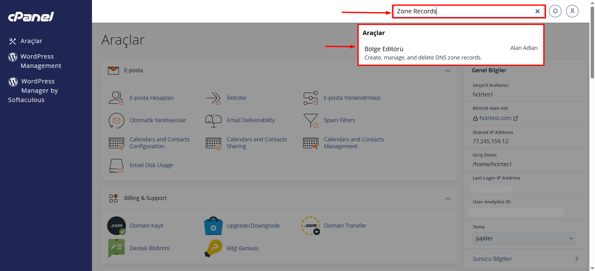 cPanel'e ulaştığınızda arama kutucuğuna "Zone Records" yazın ve açılan listeden "Bölge Editörü" seçeneğine tıklayın.