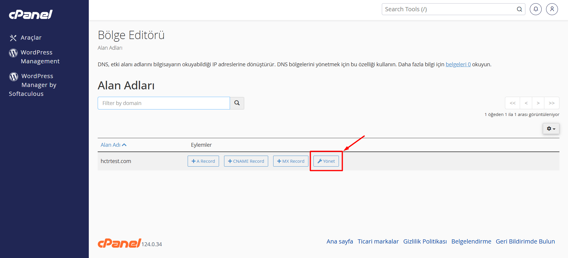 Açılan sayfada cPanel'de tanımlı alan adlarınız listelenecektir. DNS kaydı eklemek istediğiniz alan adının yanında yer alan "Yönet" butonuna tıklayın.