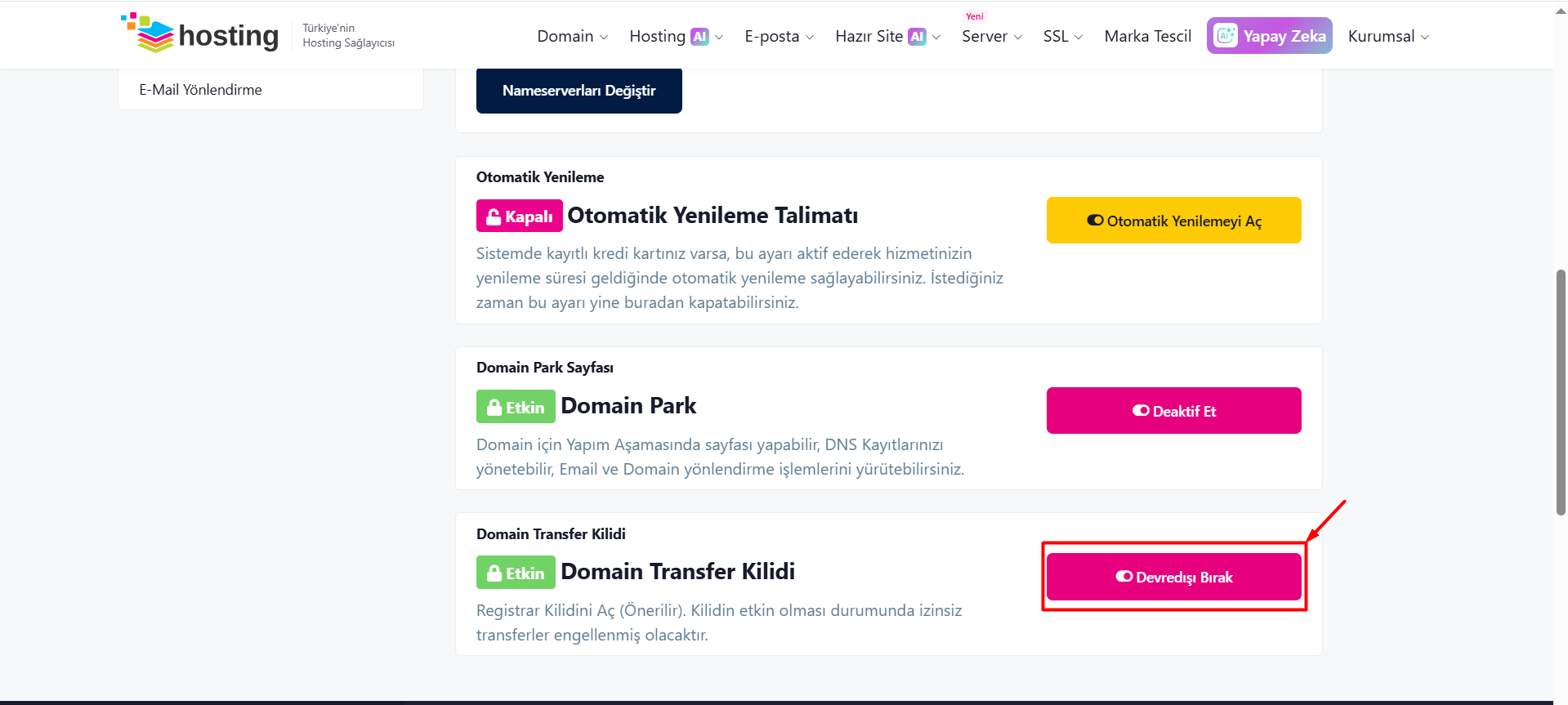 Aynı şekilde transfer kilidiniz aktif iken devre dışı bırakmak isterseniz "Devredışı Bırak" butonuna tıklamanız yeterlidir.