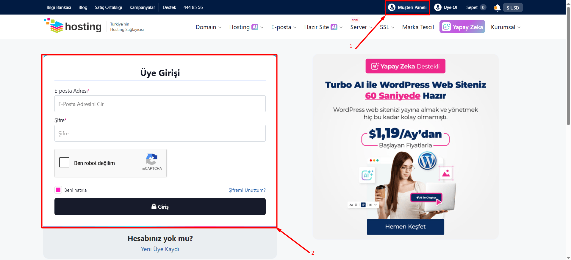 İlk olarak, müşteri e-posta adresiniz ve şifreniz ile Hosting.com.tr Müşteri Paneli'ne giriş yapın.