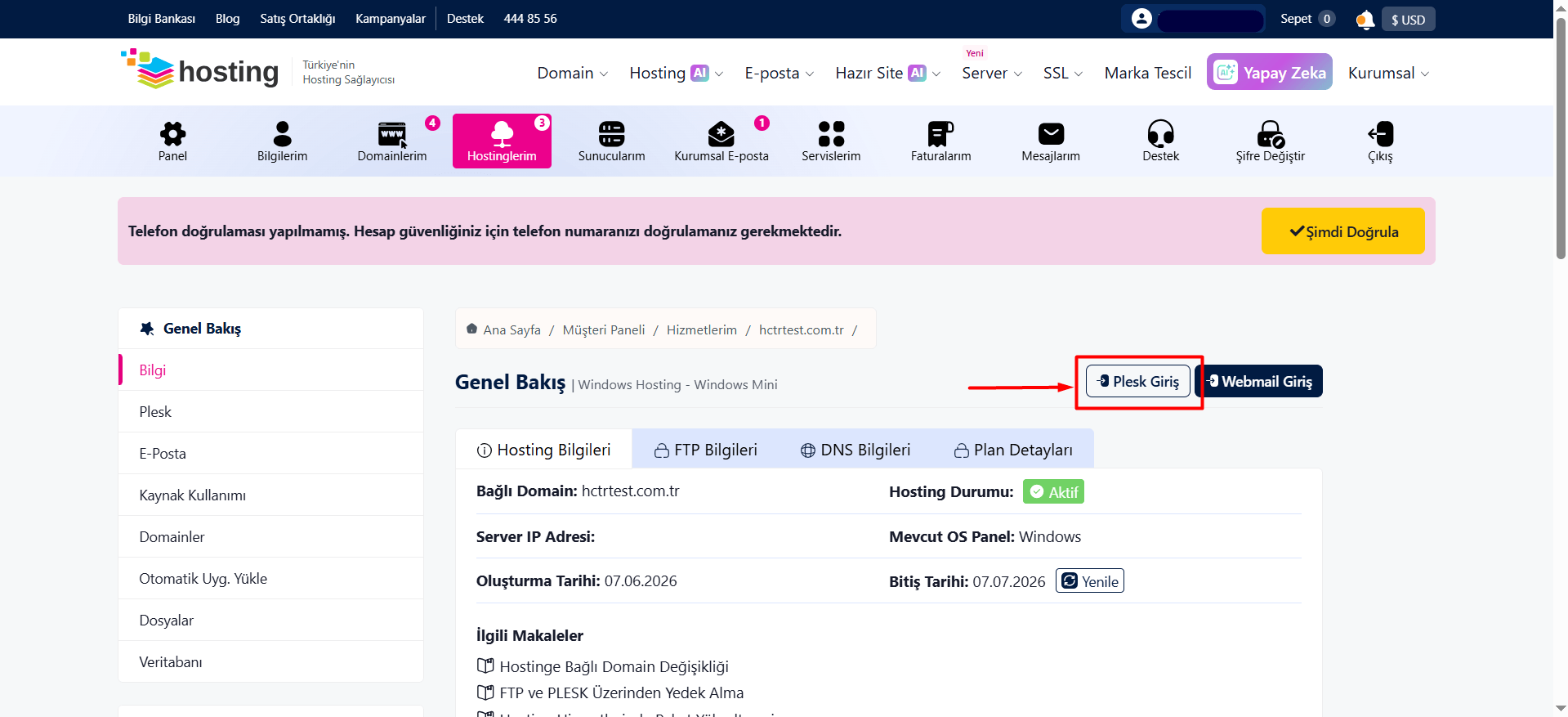 Hosting yönetim sayfasına ulaştığınız zaman "Plesk Giriş" butonuna tıklayarak giriş yapabilirsiniz.
