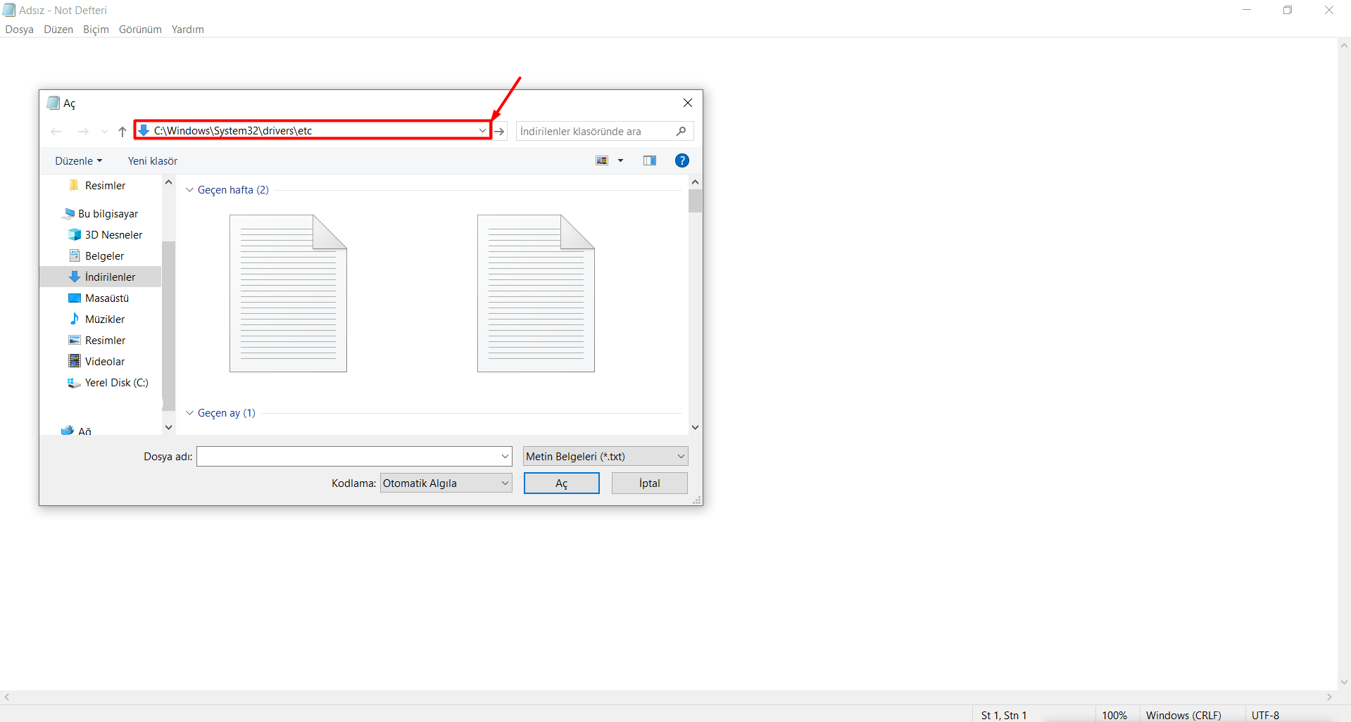 Host dosyasına ulaşmak için dosya yolu kutucuğuna "C:\Windows\System32\drivers\etc" yazın ve "Enter" tuşuna basın.