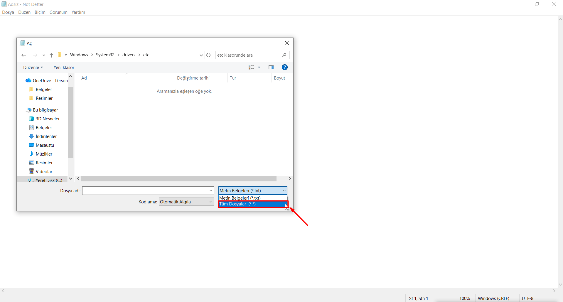 Host dosyasına ulaşmak için dosya yolu kutucuğuna "C:\Windows\System32\drivers\etc" yazın ve "Enter" tuşuna basın.