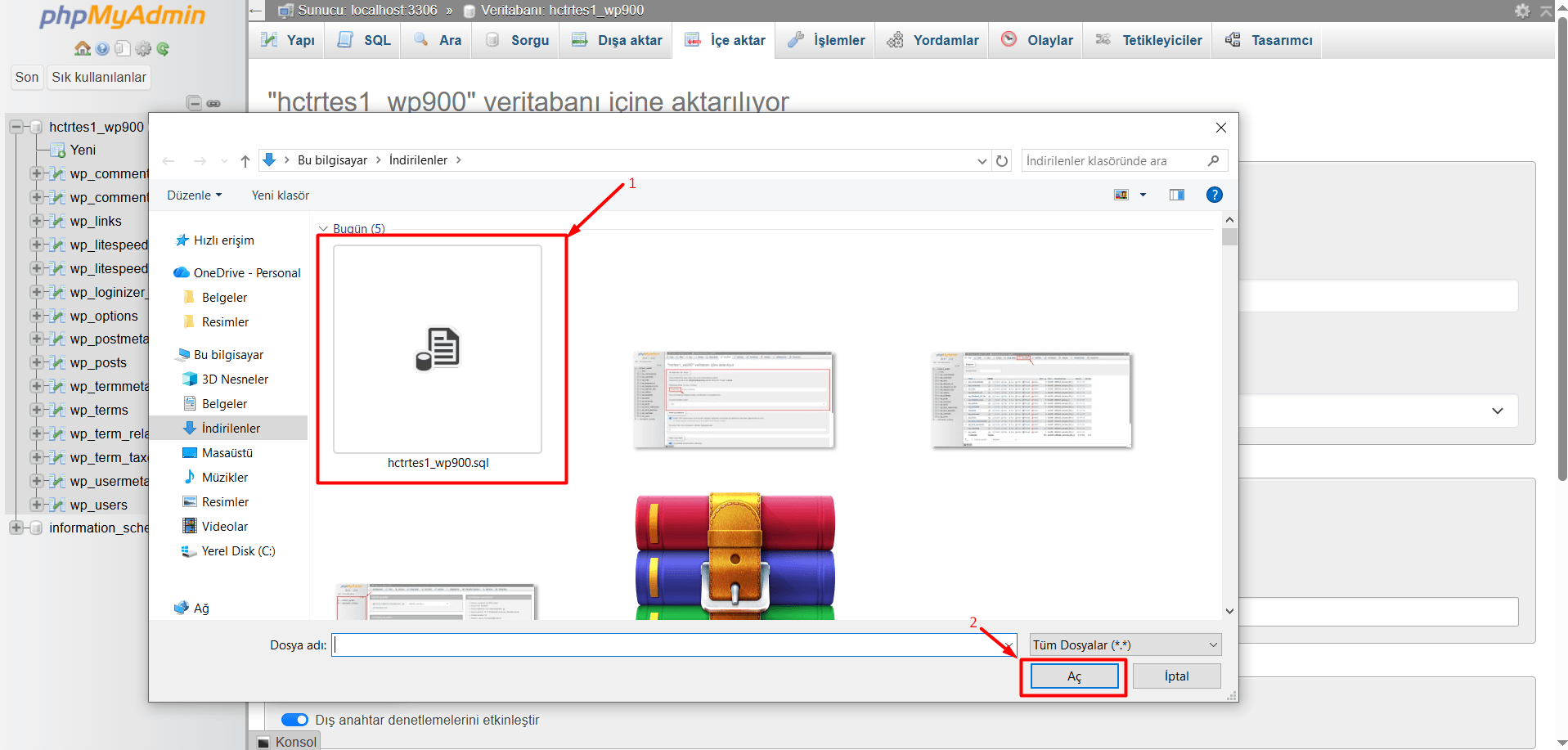 Bilgisayarınızdaki .sql dosyasının üzerine tıklayarak "Aç" butonuna tıklayın.