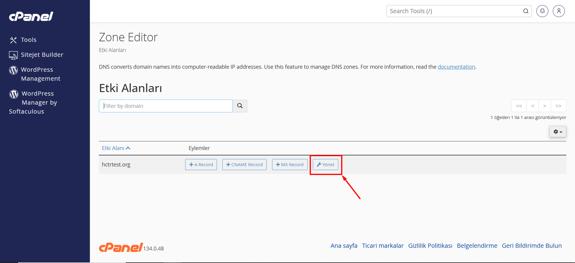 Yandex Mail DNS kayıtlarını eklemek veya mevcut kayıtları düzenlemek istediğiniz alan adının karşısında bulunan "Yönet" butonuna tıklayın.