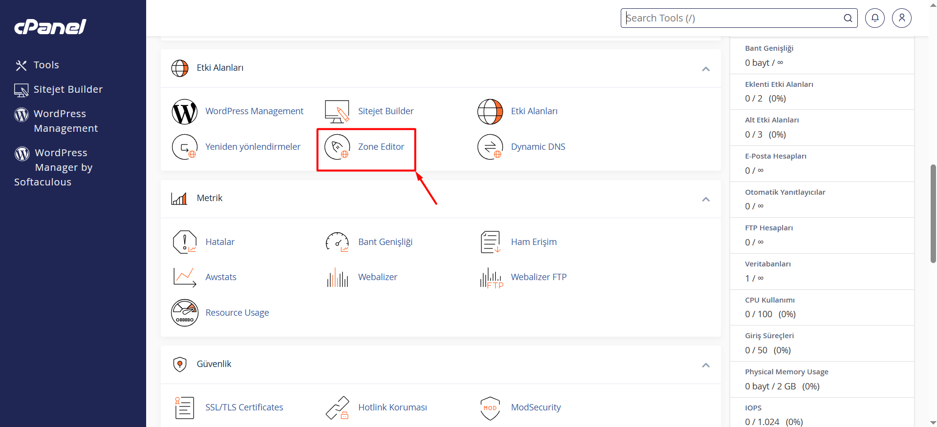 cPanel'e ulaştığınız zaman "Etki Alanları" başlığı altında bulunan "Zone Editor" butonuna tıklayın.