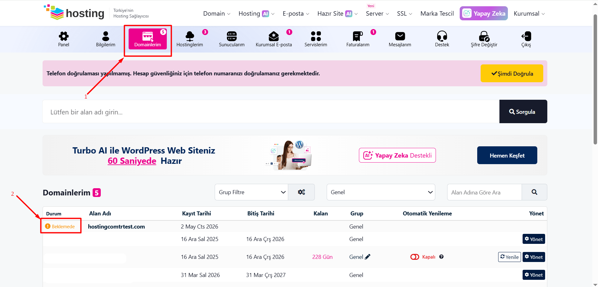 Eğer alan adı için özel bir belge süreci yoksa tüm alan adları satın alındıktan sonra kayıt işlemi tamamlanır. Eğer Hosting.com.tr'den bir alan adı aldıysanız "Müşteri Paneli > Domainlerim" sayfasında bu alan adını "Aktif" olarak görebilirsiniz.