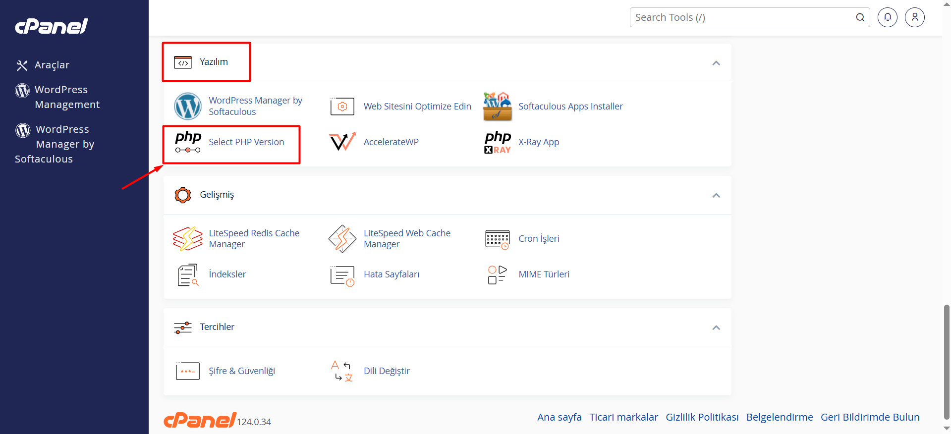 "Yazılım > Select PHP Version" butonuna tıklayın.