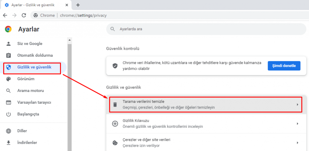 "Tarama Verileri Temizle" bağlantısına tıklayın.