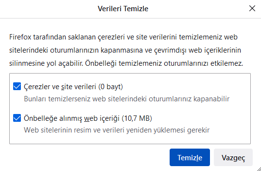 Açılan sayfadan tekrar "Temizle" butonuna tıklayın.