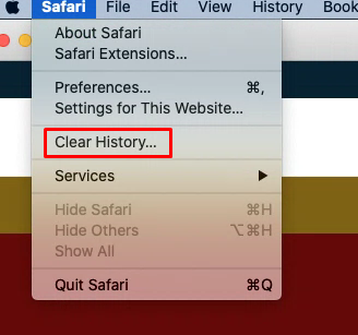 Sol üst köşede bulunan "Safari" menüsüne tıklayın ve açılan listeden "Geçmişi Temizle (Clear History)" butonuna tıklayın.