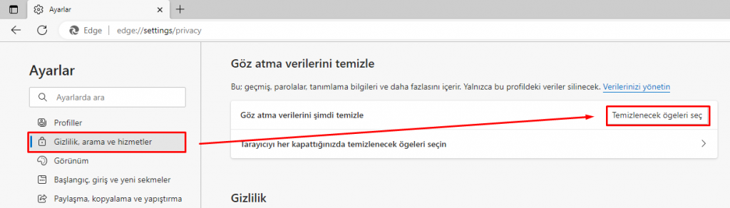 "Göz atma verilerini temizle" alanındaki "Temizlenecek ögeleri seç" butonuna tıklayın.