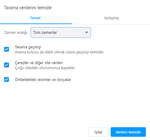 "Temel" sekmesinde bulunan "Zaman aralığı" listesini kontrol ederek "Tüm zamanlar seçimini yapın ve "Verileri temizle" butonuna tıklayın.