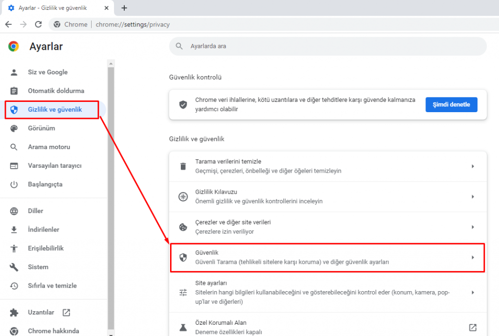 Chrome tarayıcısından "Ayarlar > Gizlilik ve Güvenlik > Güvenlik" sayfasına ulaşın.