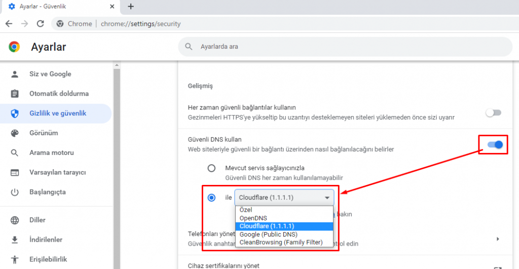 "Gelişmiş" bölümünde "Güvenli DNS Kullan" seçeneğini aktif edin ve "ile" satırındaki listeden farklı bir DNS sunucusu seçin.