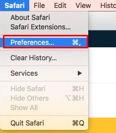 Safari internet tarayıcısında sol üst köşede bulunan "Safari" menüsüne tıklayın. Açılan listede "Preferences (Tercihler)" butonuna tıklayın.