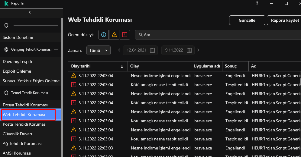 "Web tehdidi koruması" alanında engellenen siteleri görebilirsiniz.