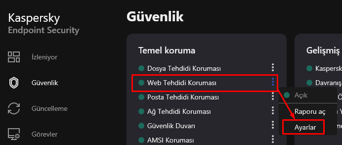 "Web Tehdidi Koruması > Ayarlar" bölümüne geçiş yapın.
