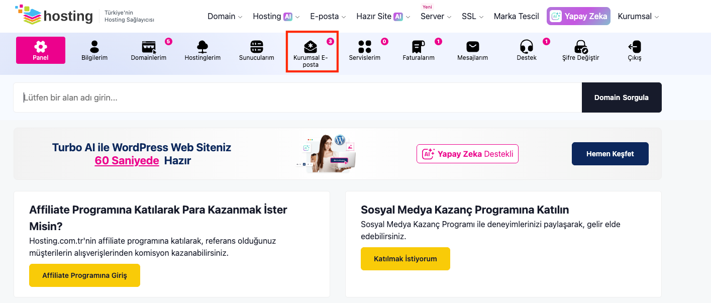Menüde yer alan Kurumsal E-posta giriş yapınız