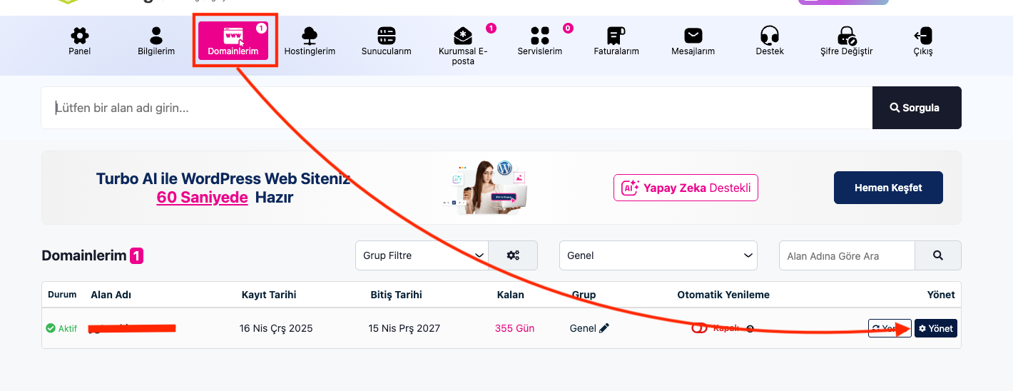 Domainlerim sekmesine tıklayalım ve yönet diyelim