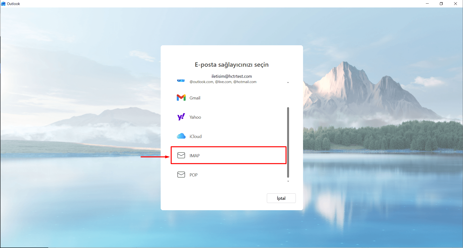 "E-posta sağlayıcınızı seçin" bölümündeki listeyi kontrol ederek IMAP seçeneğinin üzerine tıklayın.