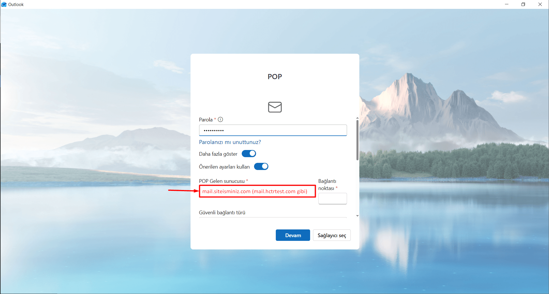 POP Gelen Sunucusu: mail.siteisminiz.com yazın.