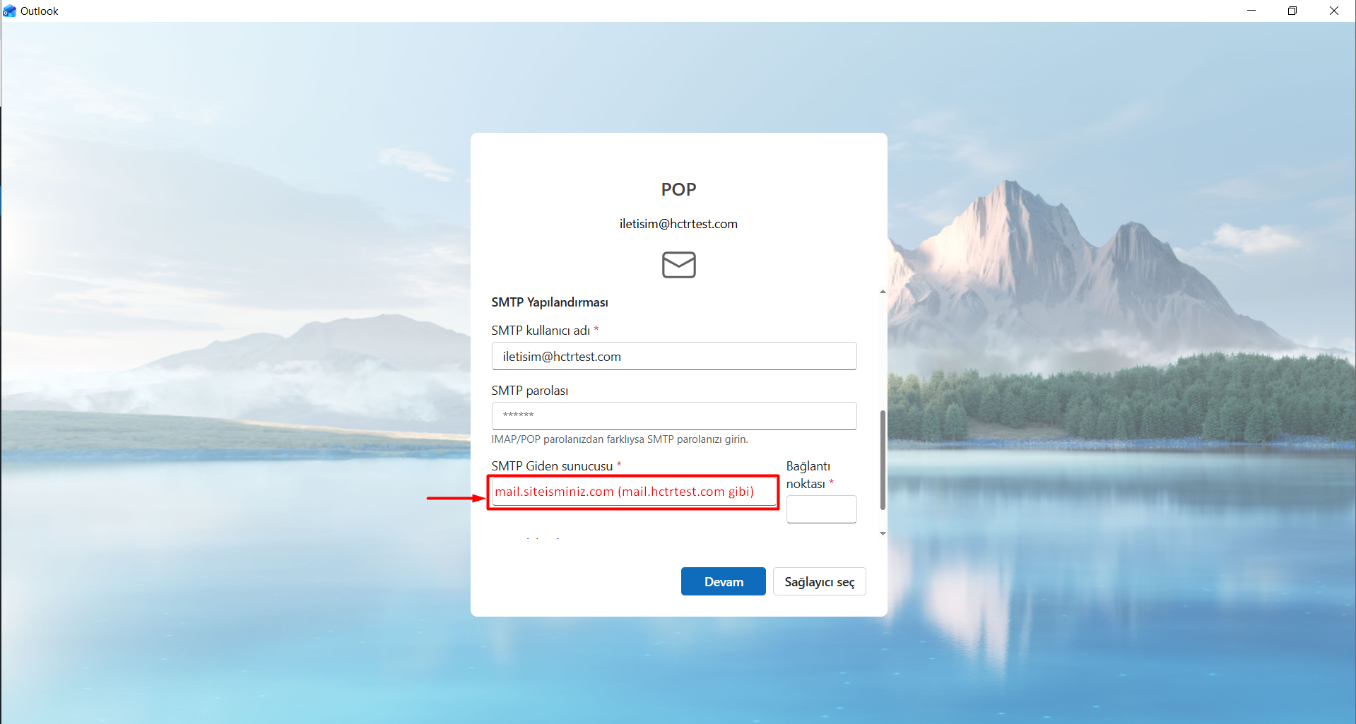 SMTP Giden Sunucusu: mail.siteisminiz.com yazın.