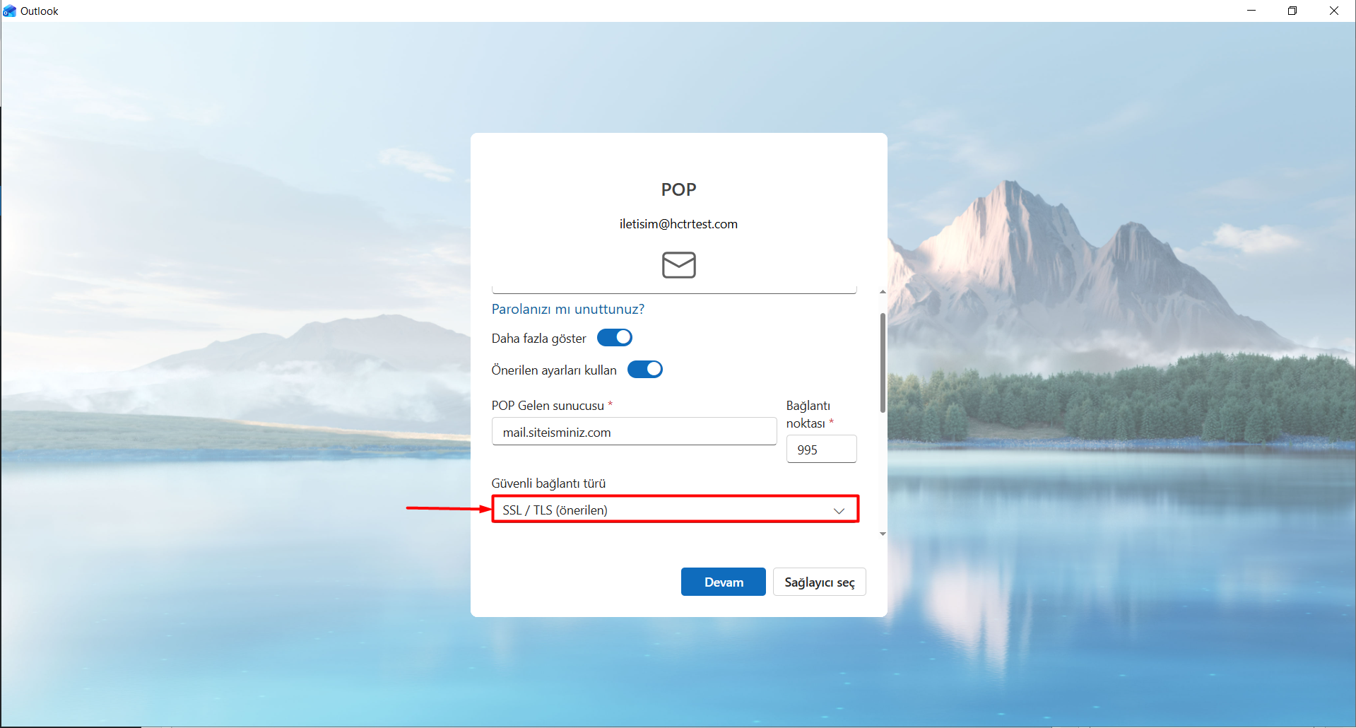 Güvenli bağlantı türü: "SSL / TLS (önerilen)" seçeneğini seçin.