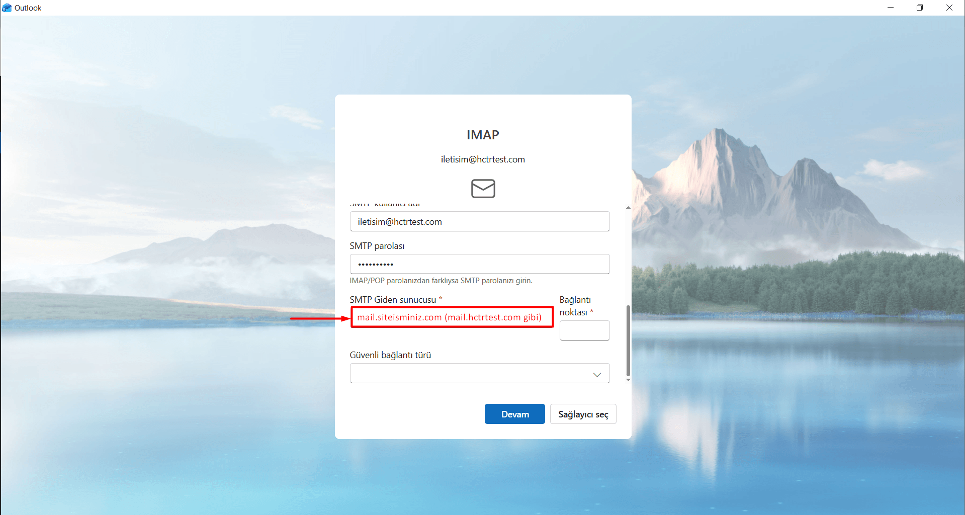 SMTP Giden Sunucusu: mail.siteisminiz.com yazın.