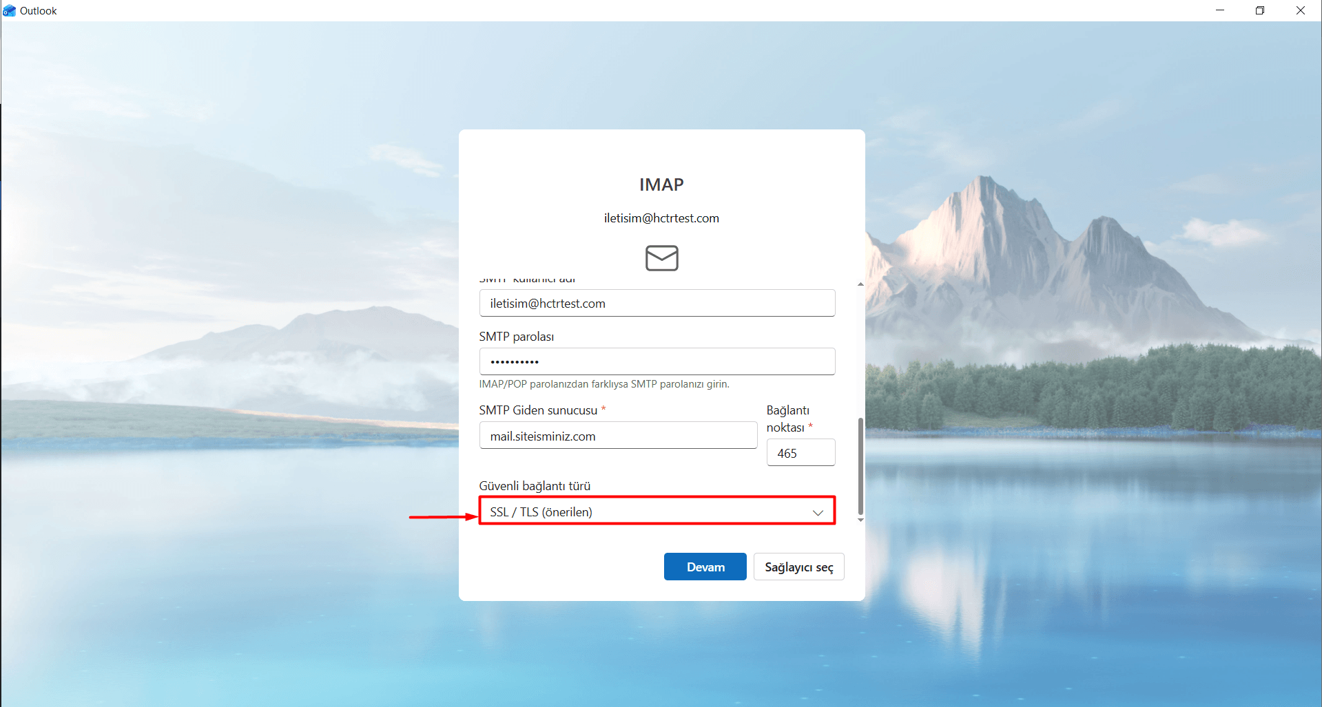 Güvenli bağlantı türü: "SSL / TLS (önerilen)" seçeneğini seçin.